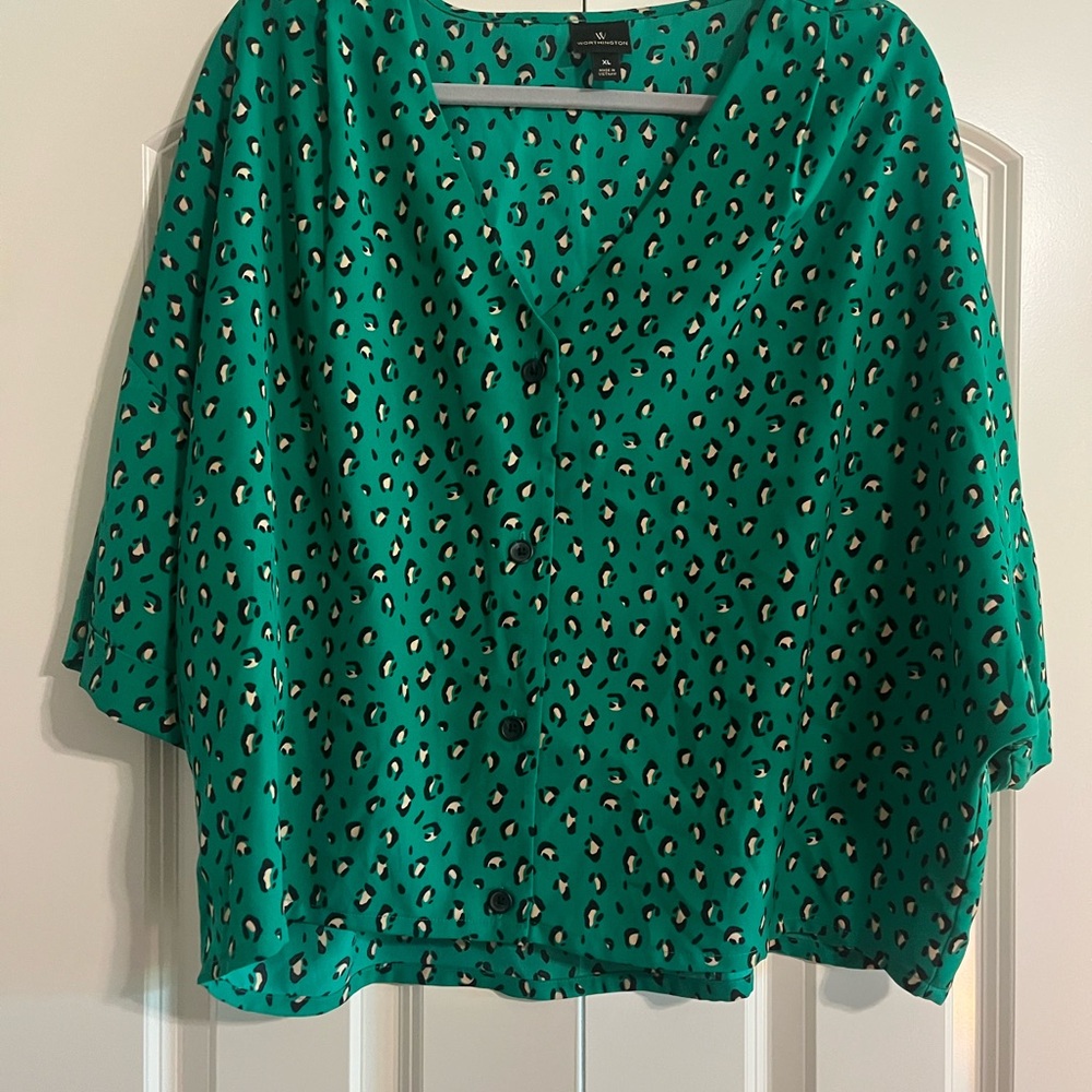 Worthington Green Notched Collar Blouse with 3/4 Sleeves